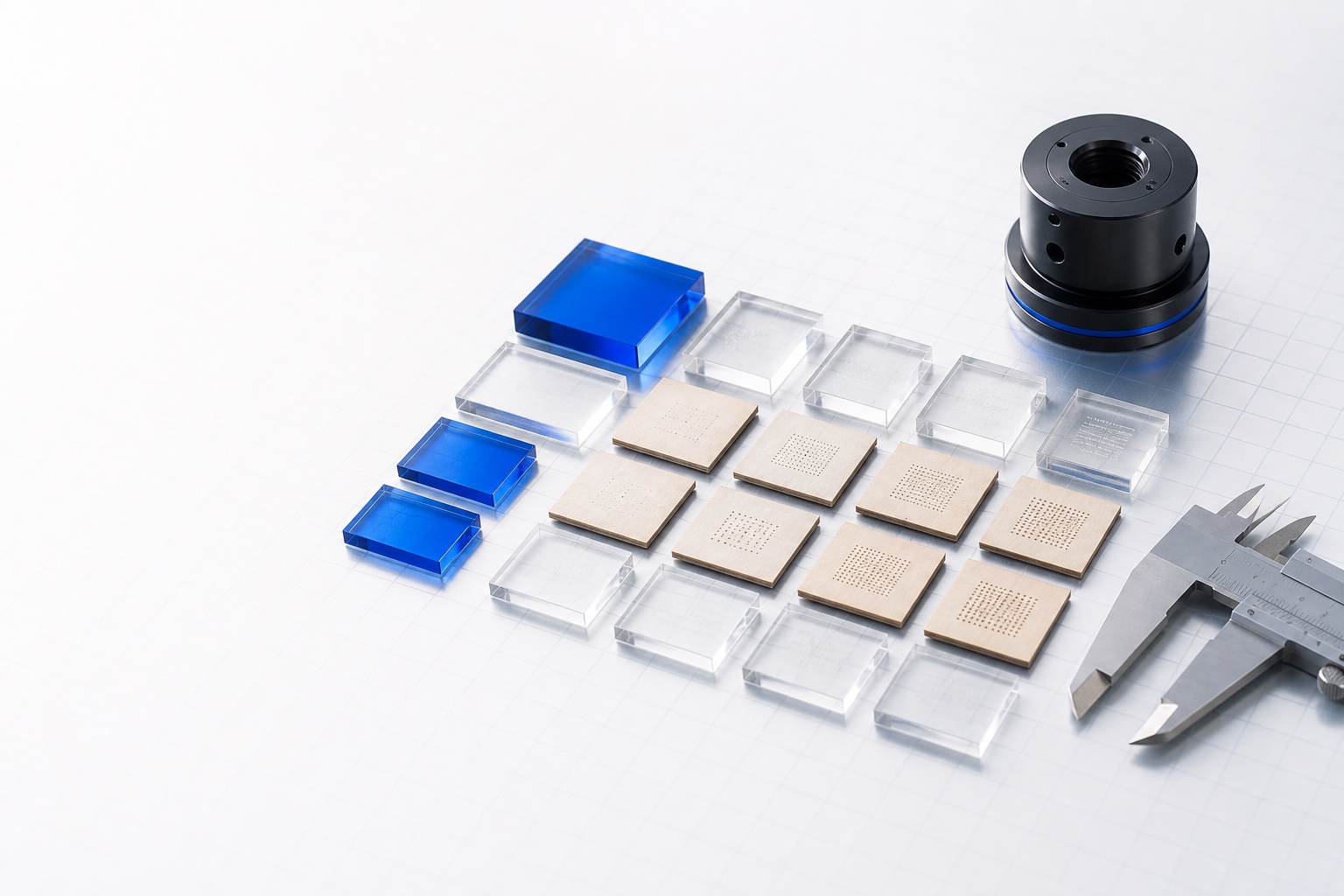 A bounded matrix of laser test coupons with calibration instruments
