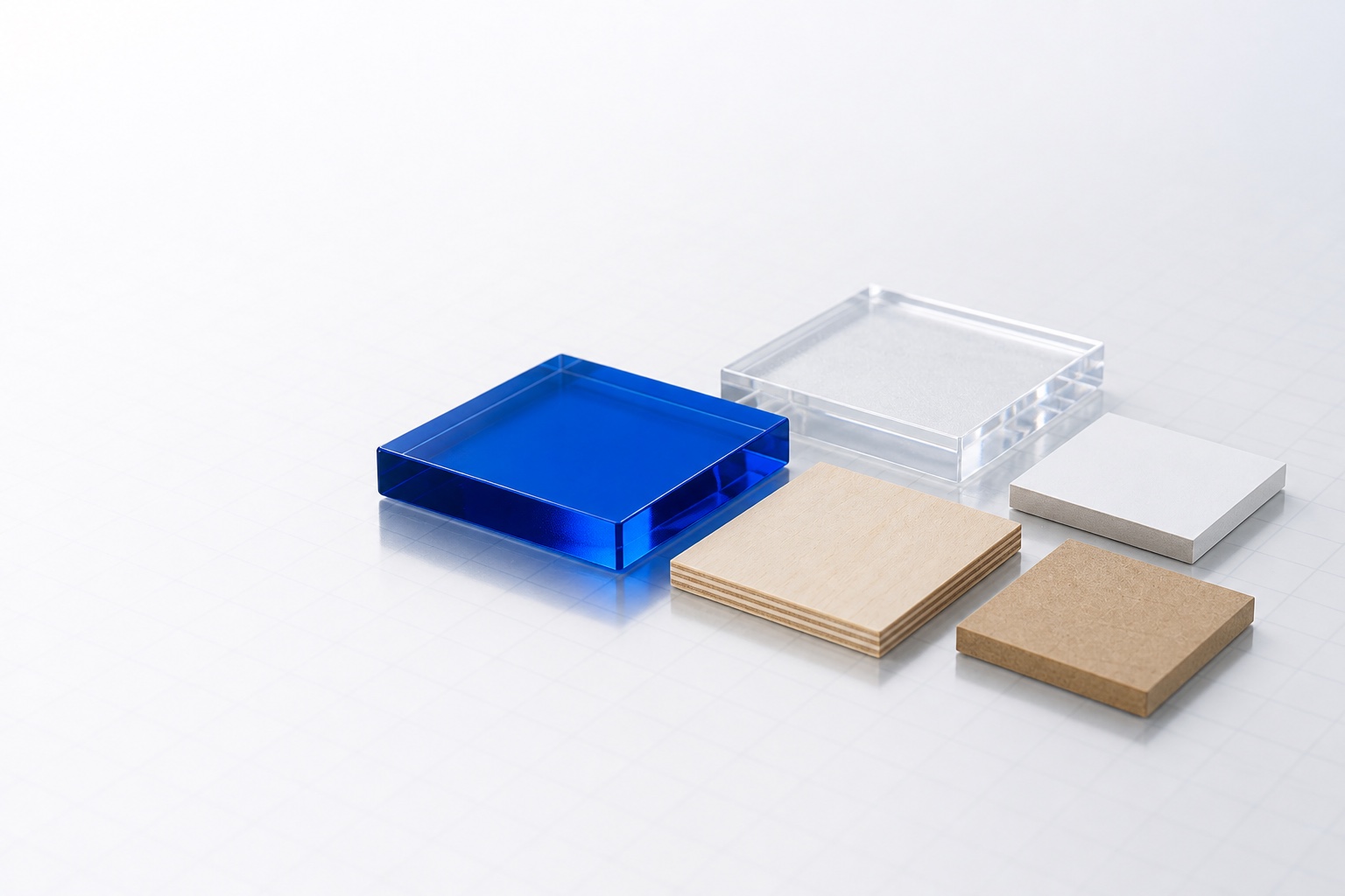 Separate acrylic, plywood, cardboard and MDF samples on a clean optical bench
