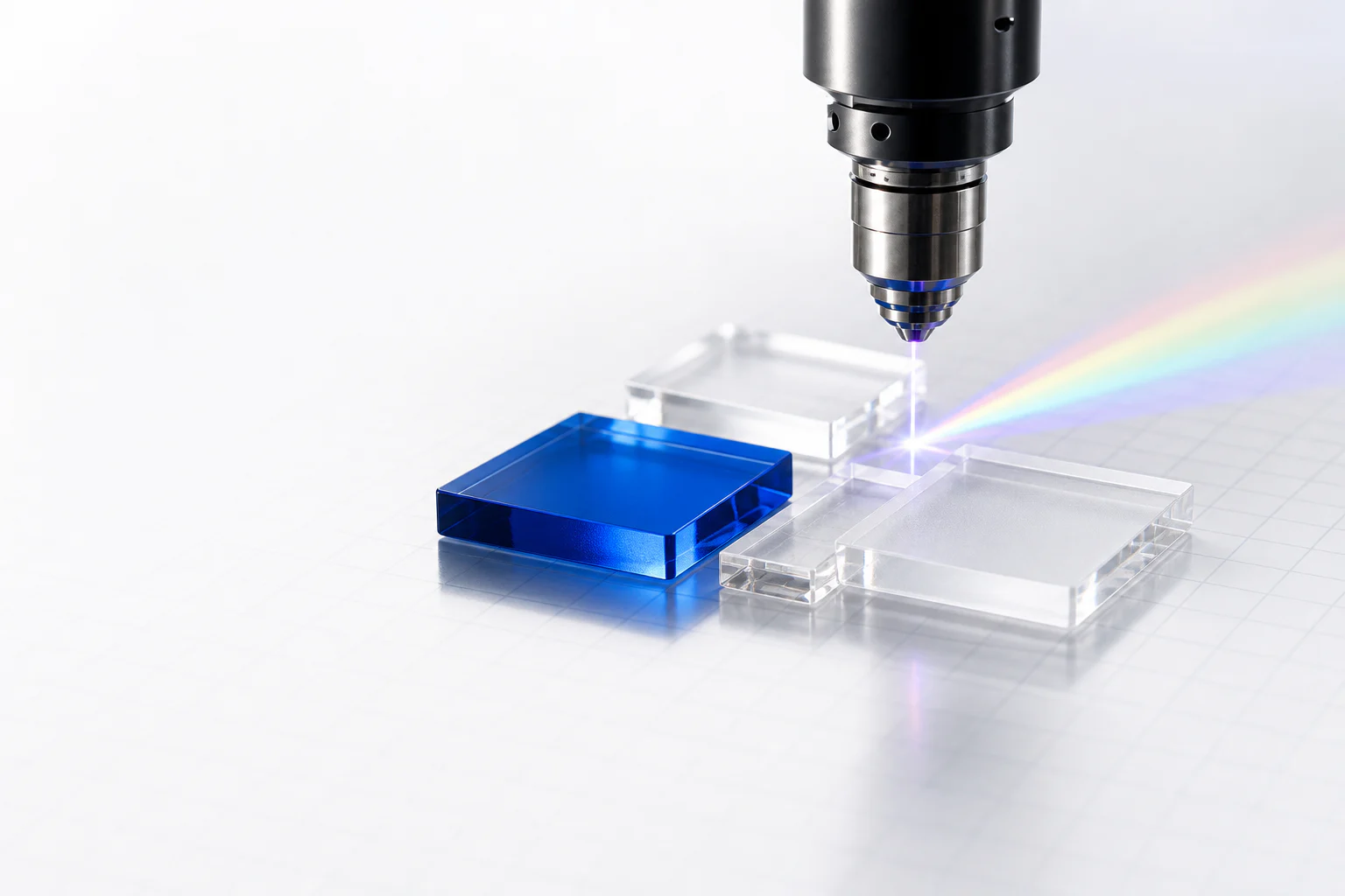 Precision laser head measuring clear and cobalt acrylic samples in an optical laboratory