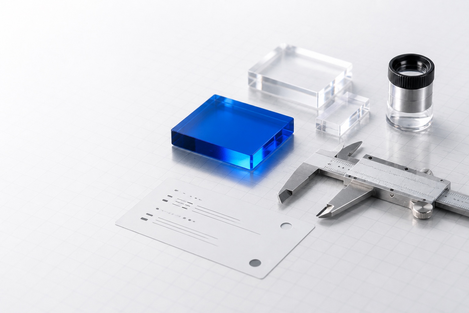 Laser test coupons, caliper and inspection lens arranged as a source-provenance workspace